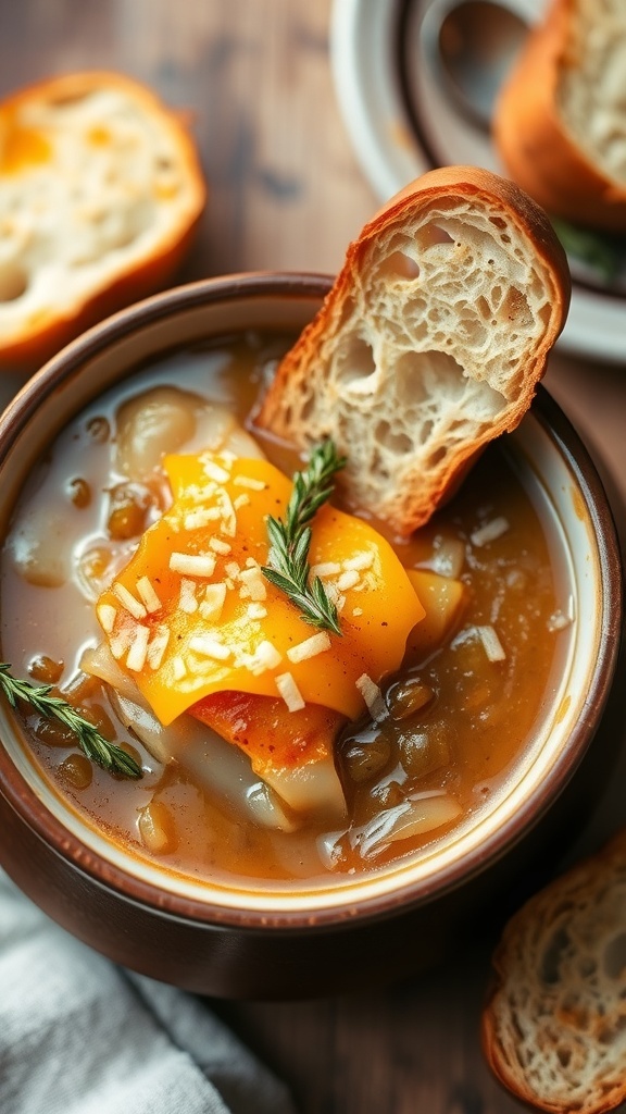 A bowl of French onion soup with melted cheese and toasted bread, garnished with thyme.